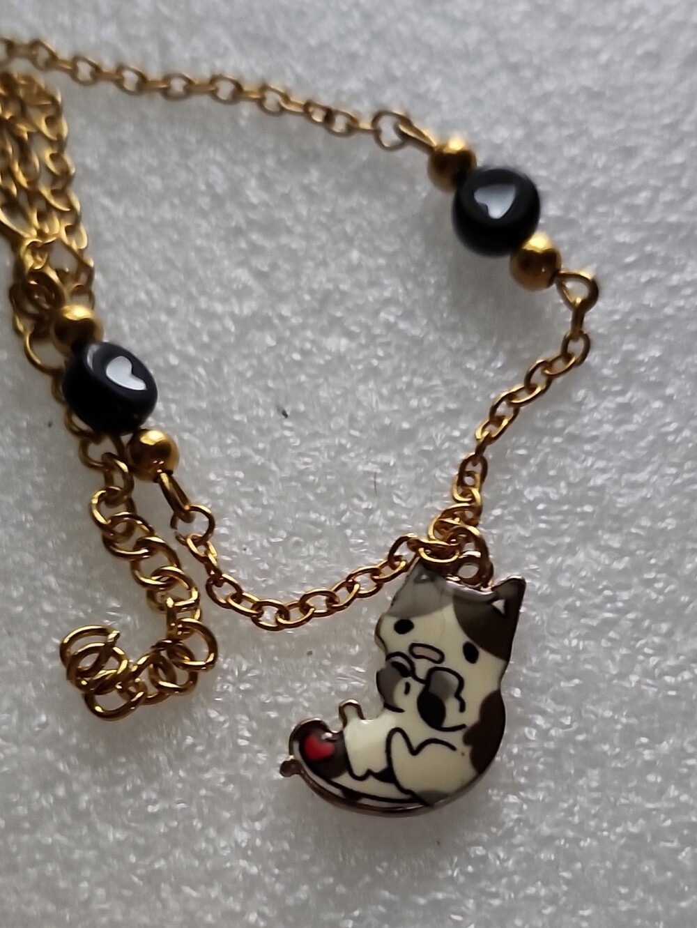 Hand Crafted Gold Tone Bracelet / Anklet with Black Beads and Cute Cat Charm